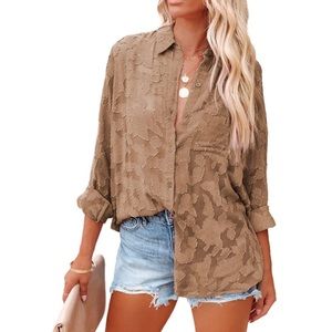 Jacquard Lace V Neck Long Sleeve Button Down Shirt Blouse